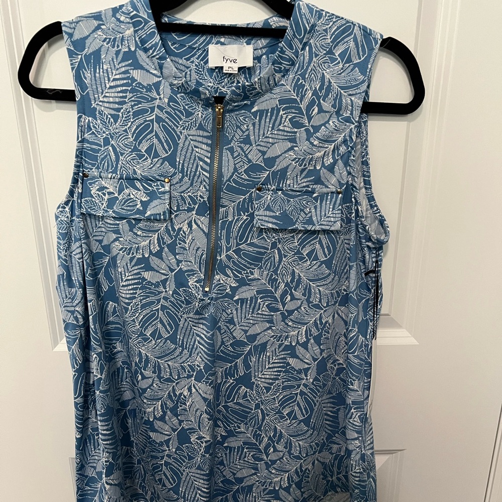 Fyve Blue and White Sleeveless Top with Partial Zipper and Faux Front Pockets
